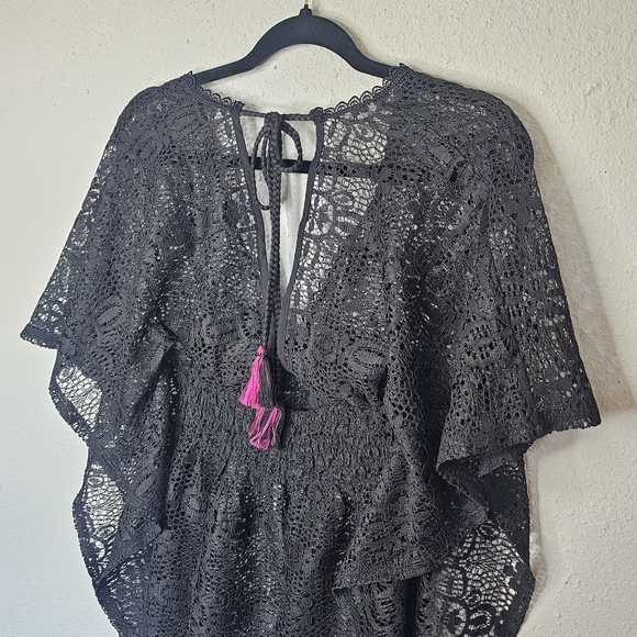 Black Lace Womens Swim Cover Tie Strings Tassels V Neck Elastic Waist - Picture 6 of 8